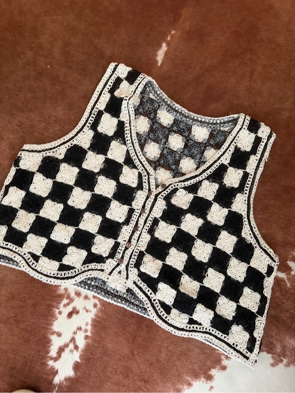 Crochet Checkerboard Black & White Sleeveless Vest